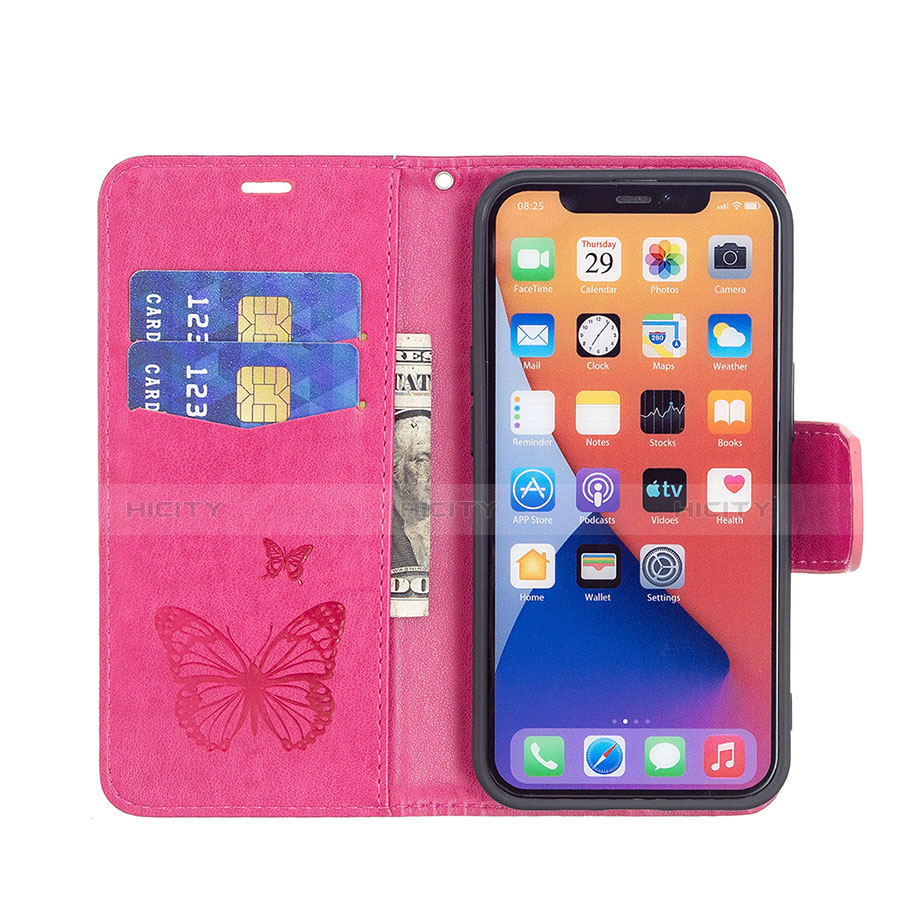 Coque Portefeuille Papillon Livre Cuir Etui Clapet L09 pour Apple iPhone 14 Rose Rouge Plus