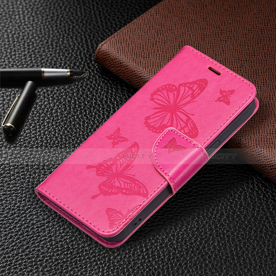 Coque Portefeuille Papillon Livre Cuir Etui Clapet L09 pour Apple iPhone 14 Rose Rouge Plus