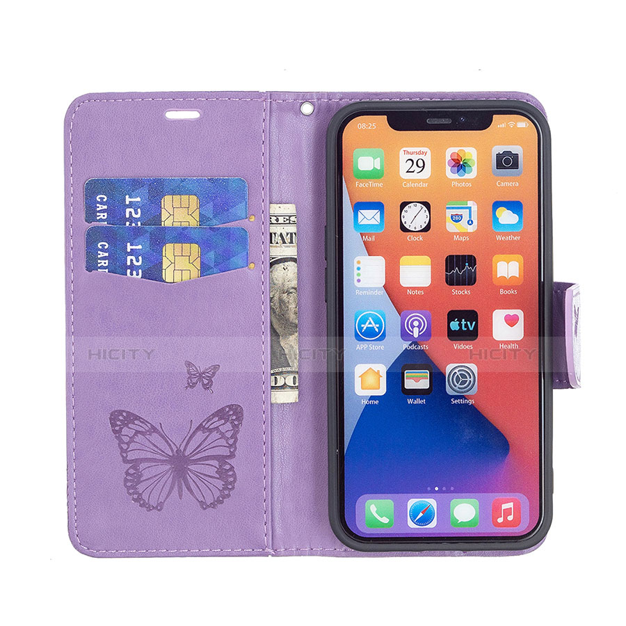 Coque Portefeuille Papillon Livre Cuir Etui Clapet L09 pour Apple iPhone 14 Violet Plus