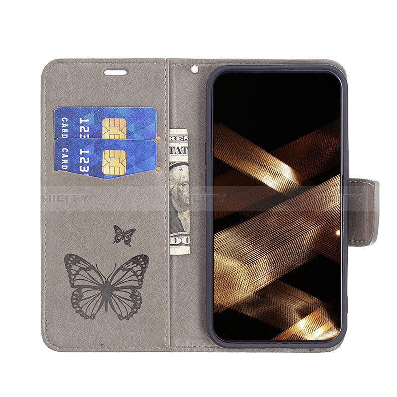 Coque Portefeuille Papillon Livre Cuir Etui Clapet L09 pour Apple iPhone 15 Gris Plus