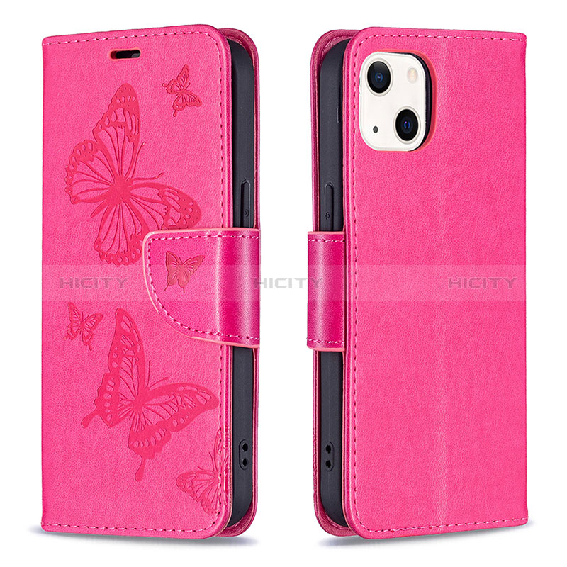 Coque Portefeuille Papillon Livre Cuir Etui Clapet L09 pour Apple iPhone 15 Plus Rose Rouge Plus