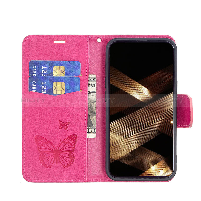 Coque Portefeuille Papillon Livre Cuir Etui Clapet L09 pour Apple iPhone 15 Plus Rose Rouge Plus