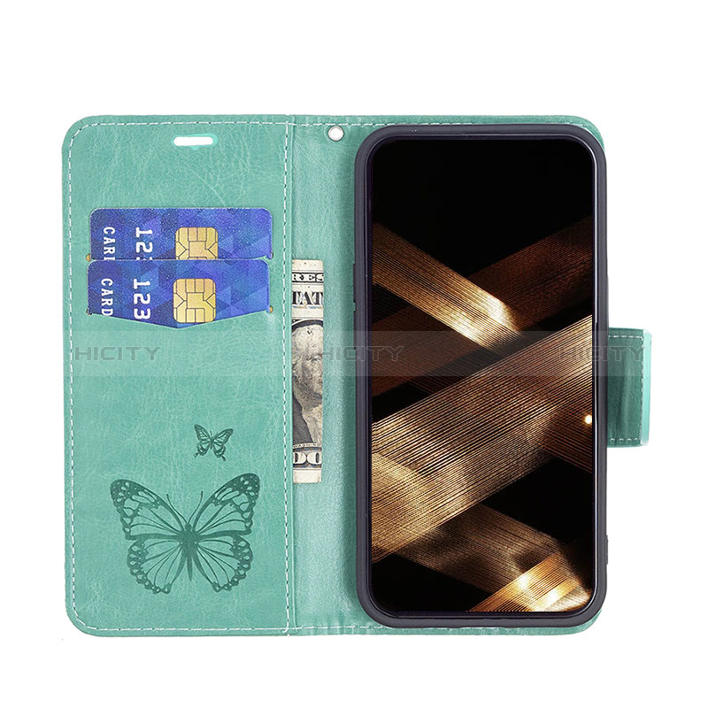 Coque Portefeuille Papillon Livre Cuir Etui Clapet L09 pour Apple iPhone 15 Plus Vert Plus