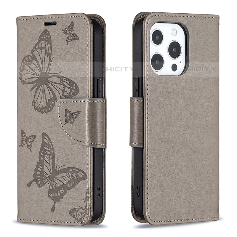 Coque Portefeuille Papillon Livre Cuir Etui Clapet L09 pour Apple iPhone 15 Pro Gris Fonce Plus