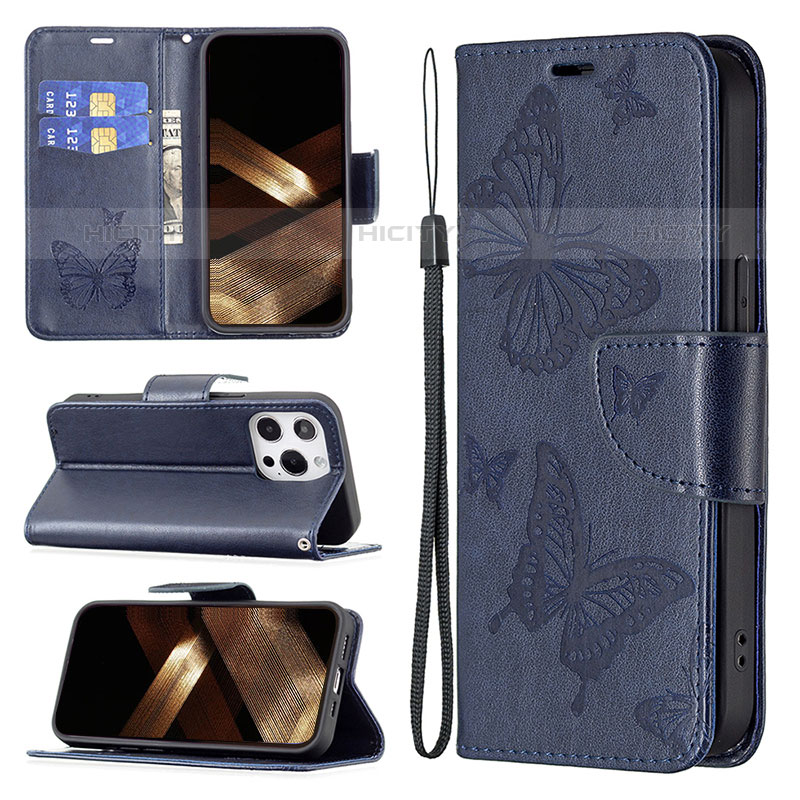 Coque Portefeuille Papillon Livre Cuir Etui Clapet L09 pour Apple iPhone 15 Pro Max Bleu Plus