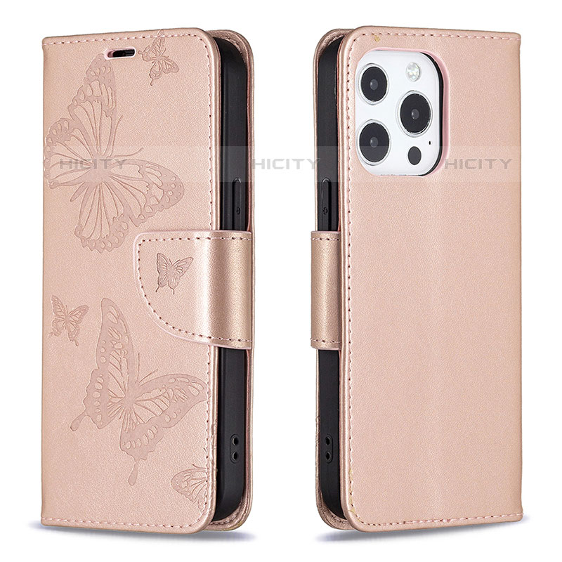 Coque Portefeuille Papillon Livre Cuir Etui Clapet L09 pour Apple iPhone 15 Pro Max Rose Plus