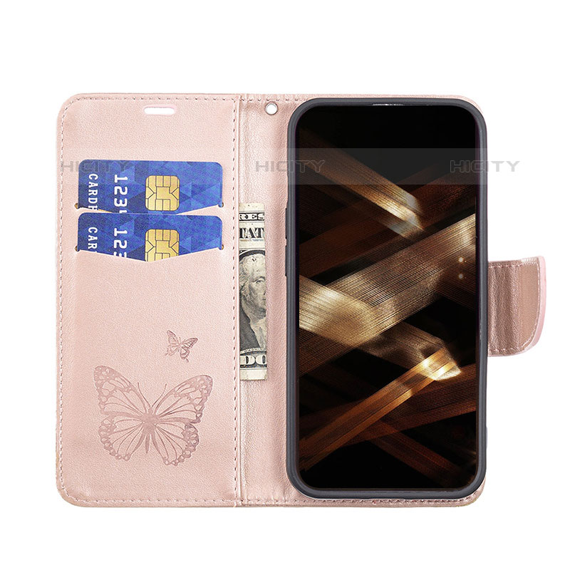 Coque Portefeuille Papillon Livre Cuir Etui Clapet L09 pour Apple iPhone 15 Pro Max Rose Plus