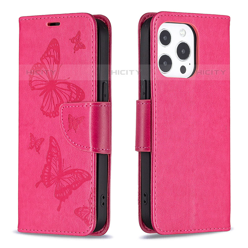 Coque Portefeuille Papillon Livre Cuir Etui Clapet L09 pour Apple iPhone 15 Pro Max Rose Rouge Plus