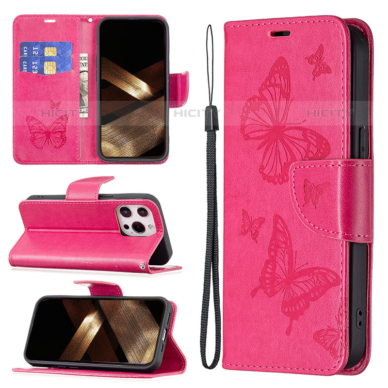 Coque Portefeuille Papillon Livre Cuir Etui Clapet L09 pour Apple iPhone 15 Pro Max Rose Rouge Plus