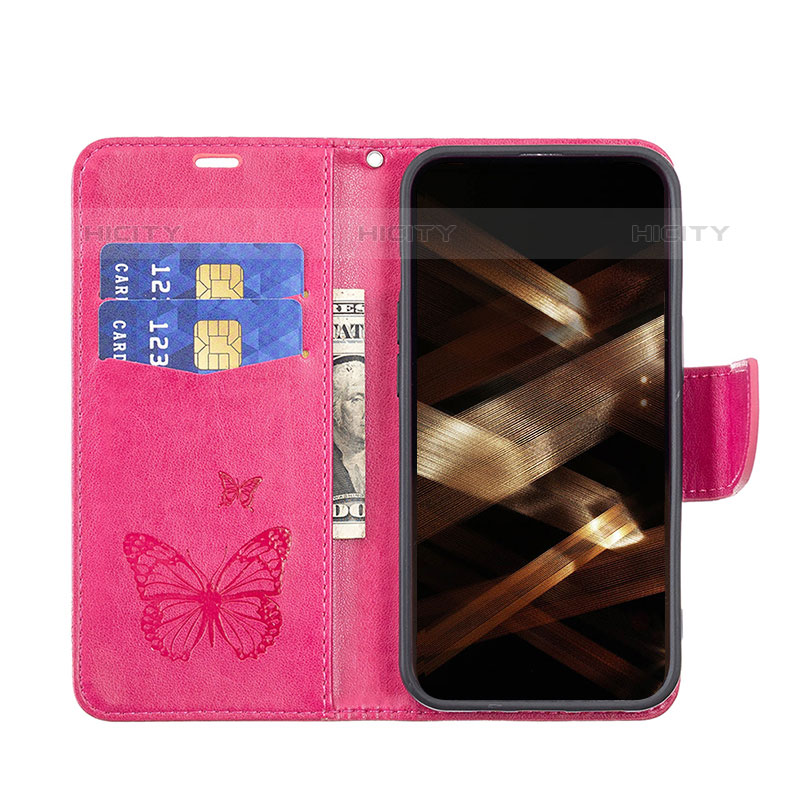 Coque Portefeuille Papillon Livre Cuir Etui Clapet L09 pour Apple iPhone 15 Pro Max Rose Rouge Plus