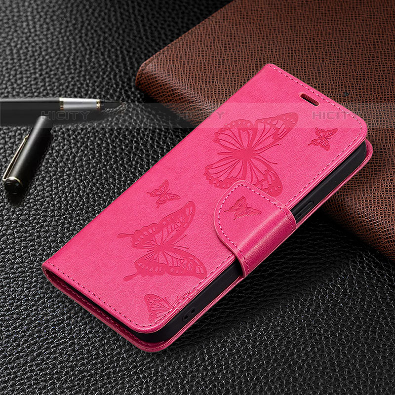 Coque Portefeuille Papillon Livre Cuir Etui Clapet L09 pour Apple iPhone 15 Pro Max Rose Rouge Plus