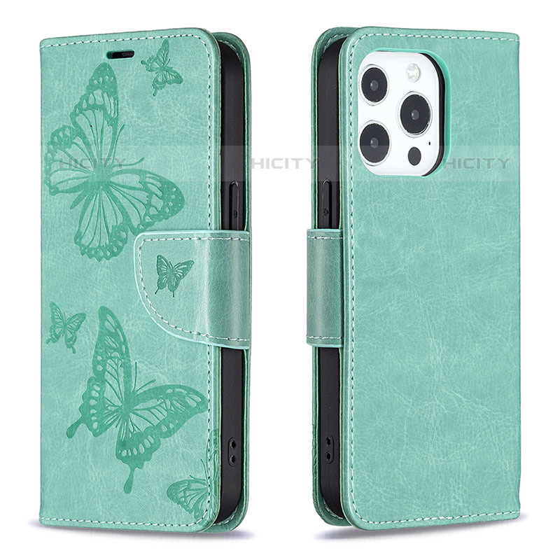 Coque Portefeuille Papillon Livre Cuir Etui Clapet L09 pour Apple iPhone 15 Pro Max Vert Plus