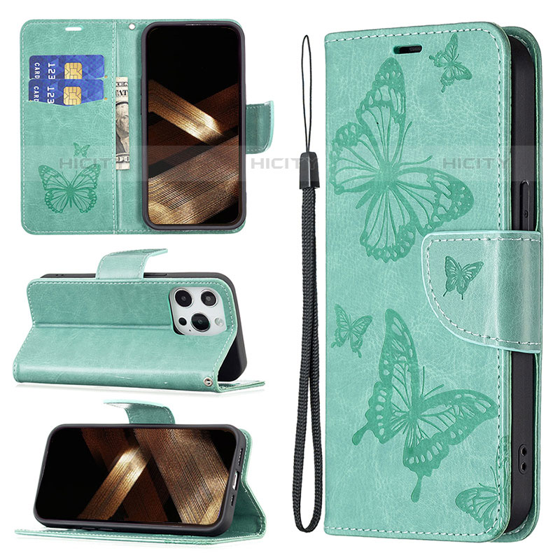 Coque Portefeuille Papillon Livre Cuir Etui Clapet L09 pour Apple iPhone 15 Pro Max Vert Plus