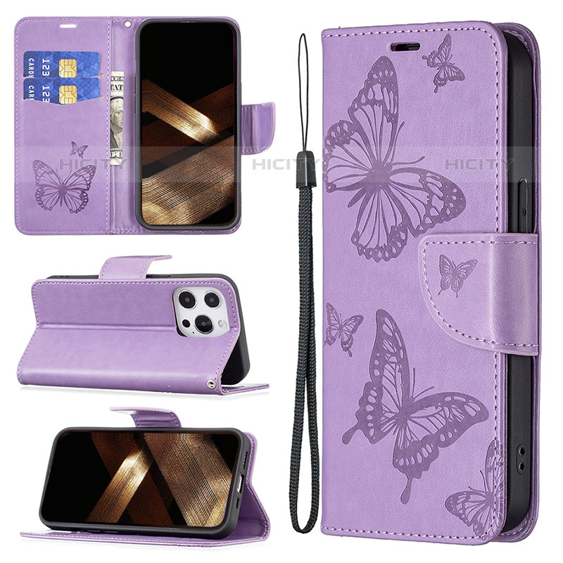 Coque Portefeuille Papillon Livre Cuir Etui Clapet L09 pour Apple iPhone 15 Pro Max Violet Plus