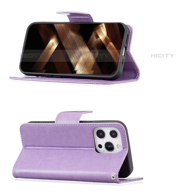 Coque Portefeuille Papillon Livre Cuir Etui Clapet L09 pour Apple iPhone 15 Pro Max Violet Plus