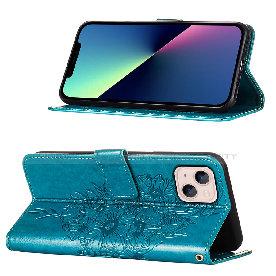 Coque Portefeuille Papillon Livre Cuir Etui Clapet L10 pour Apple iPhone 13 Bleu Plus