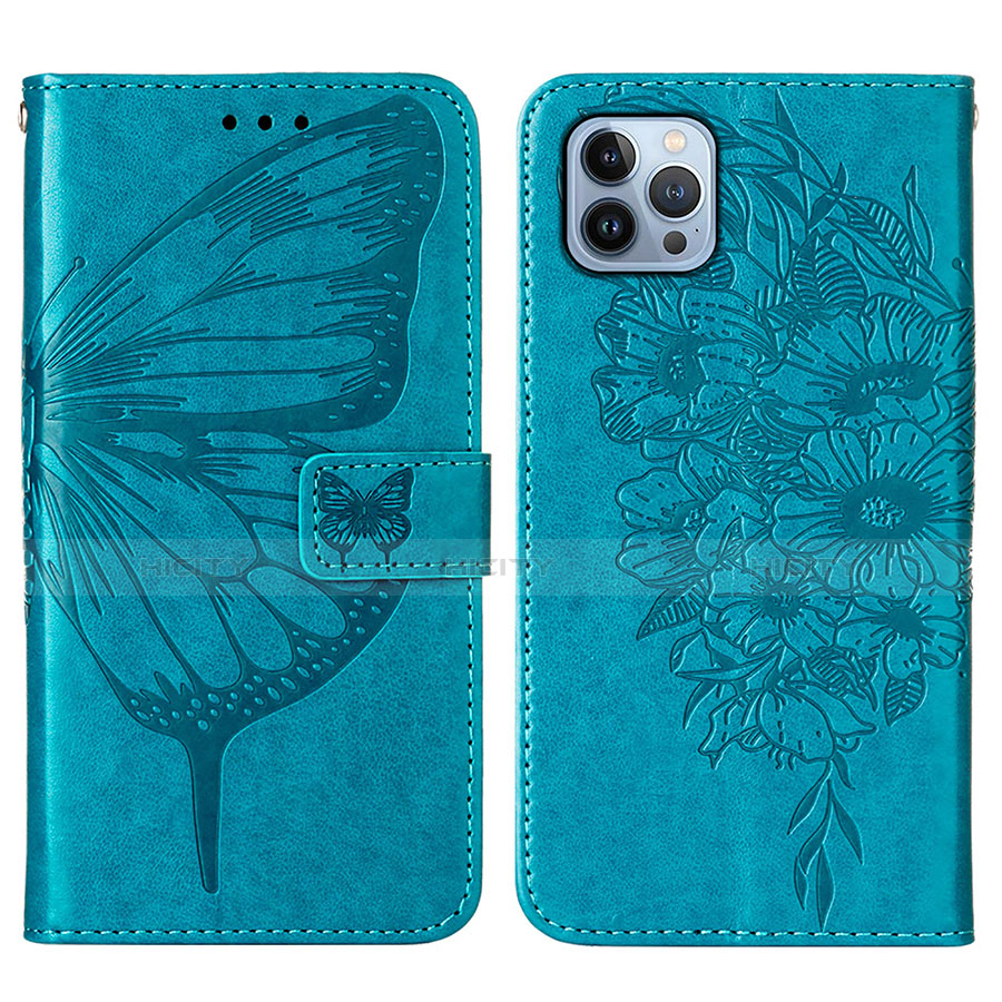 Coque Portefeuille Papillon Livre Cuir Etui Clapet L10 pour Apple iPhone 13 Pro Bleu Plus