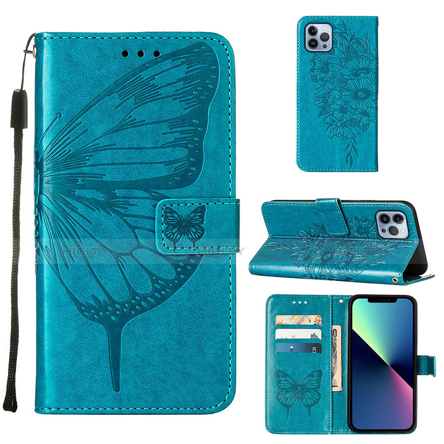 Coque Portefeuille Papillon Livre Cuir Etui Clapet L10 pour Apple iPhone 13 Pro Bleu Plus