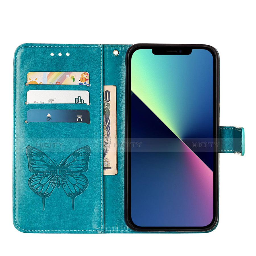 Coque Portefeuille Papillon Livre Cuir Etui Clapet L10 pour Apple iPhone 13 Pro Bleu Plus