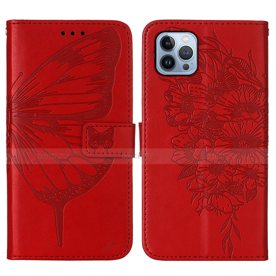 Coque Portefeuille Papillon Livre Cuir Etui Clapet L10 pour Apple iPhone 13 Pro Max Rouge Plus