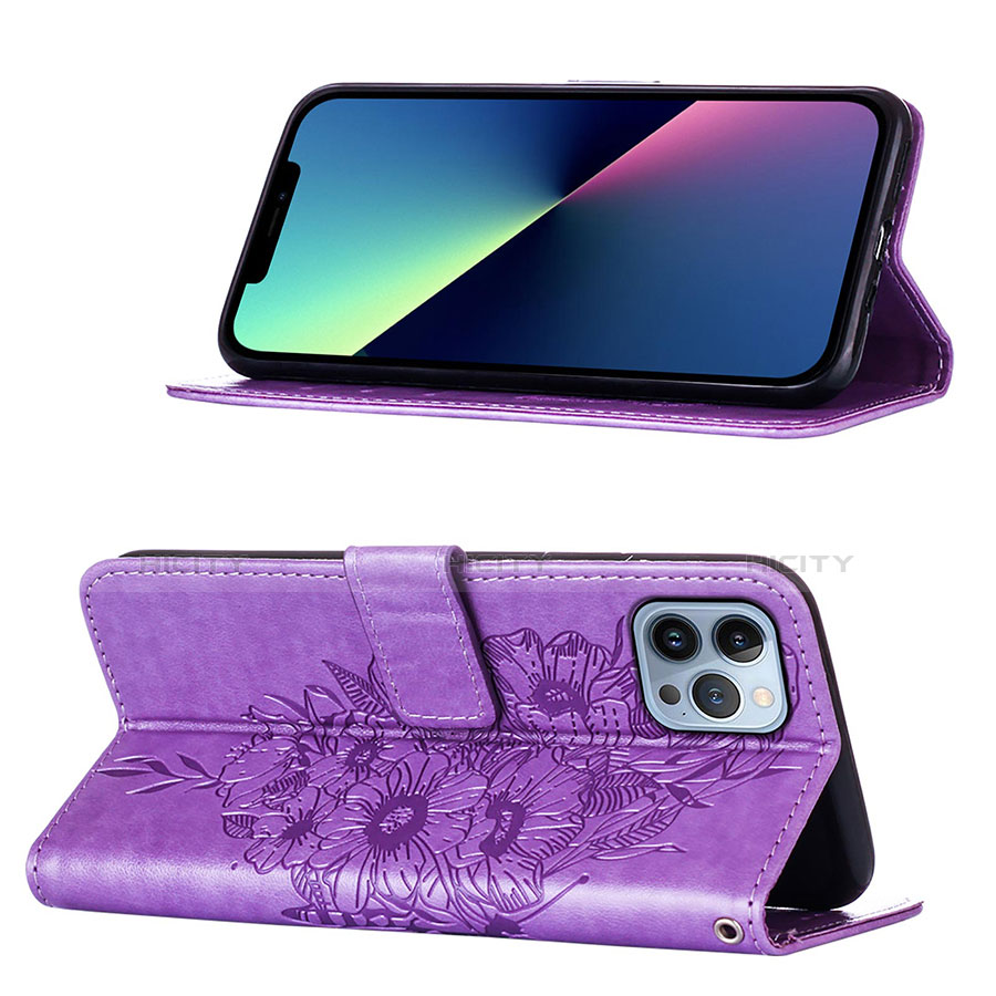 Coque Portefeuille Papillon Livre Cuir Etui Clapet L10 pour Apple iPhone 13 Pro Max Violet Clair Plus