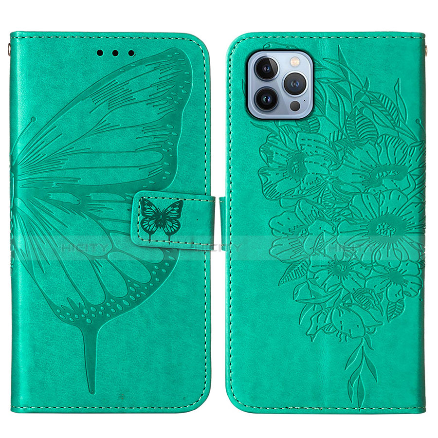 Coque Portefeuille Papillon Livre Cuir Etui Clapet L10 pour Apple iPhone 13 Pro Vert Plus