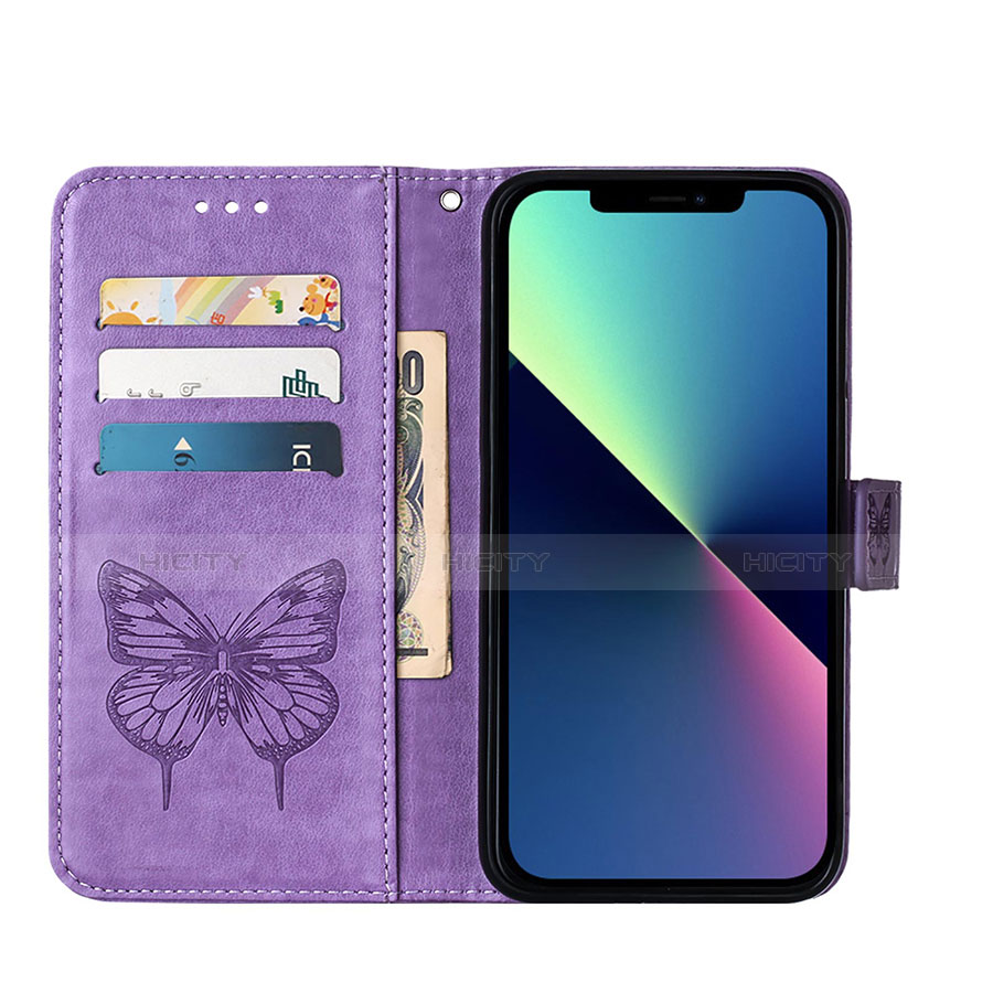 Coque Portefeuille Papillon Livre Cuir Etui Clapet L10 pour Apple iPhone 13 Pro Violet Clair Plus