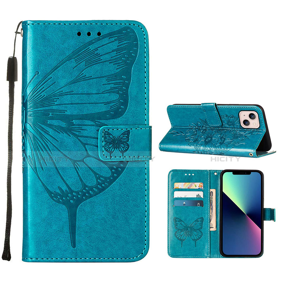 Coque Portefeuille Papillon Livre Cuir Etui Clapet L10 pour Apple iPhone 14 Bleu Plus