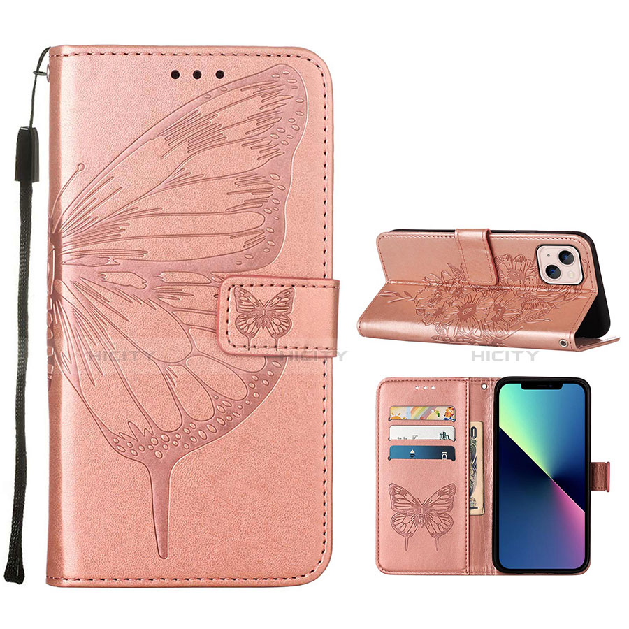 Coque Portefeuille Papillon Livre Cuir Etui Clapet L10 pour Apple iPhone 14 Or Rose Plus