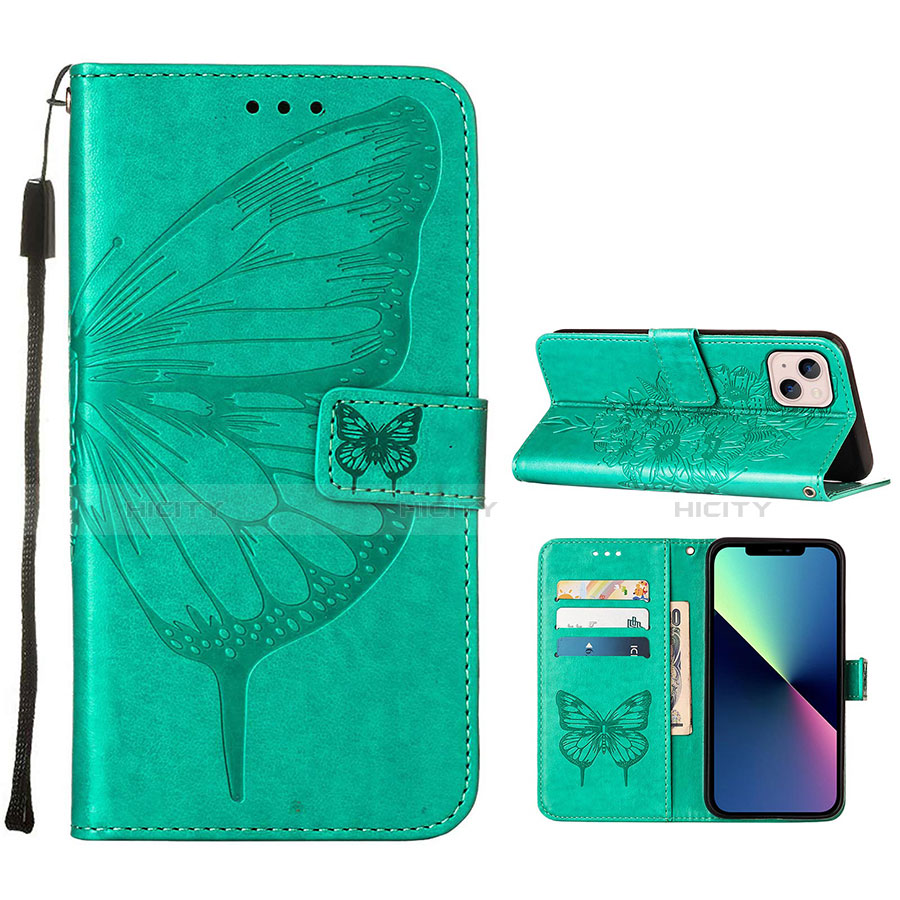 Coque Portefeuille Papillon Livre Cuir Etui Clapet L10 pour Apple iPhone 14 Plus Vert Plus