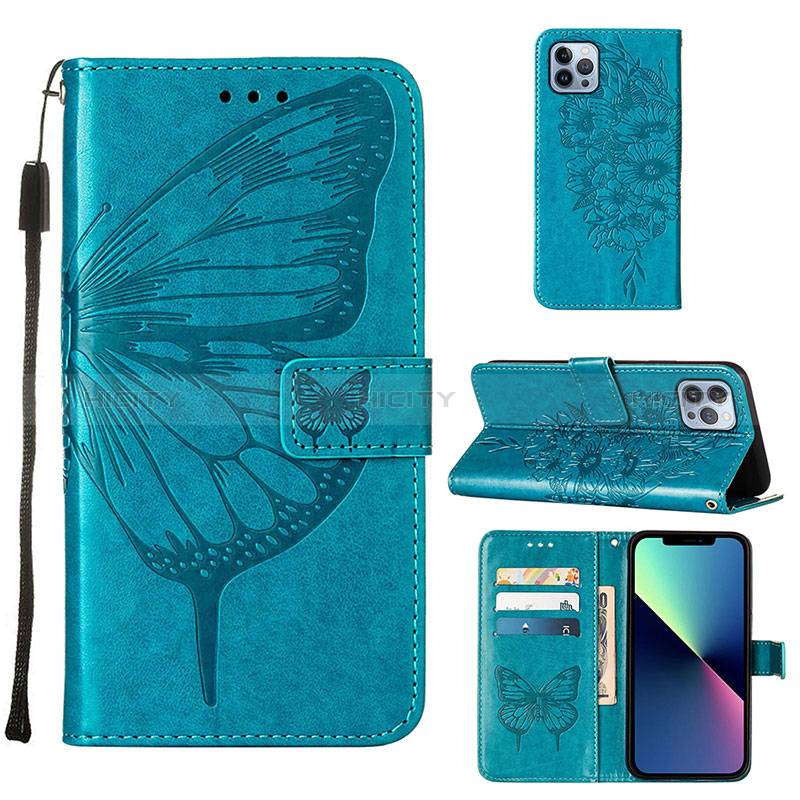 Coque Portefeuille Papillon Livre Cuir Etui Clapet L10 pour Apple iPhone 14 Pro Max Bleu Plus