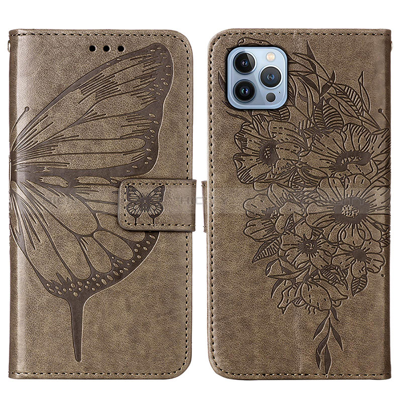 Coque Portefeuille Papillon Livre Cuir Etui Clapet L10 pour Apple iPhone 14 Pro Max Gris Fonce Plus