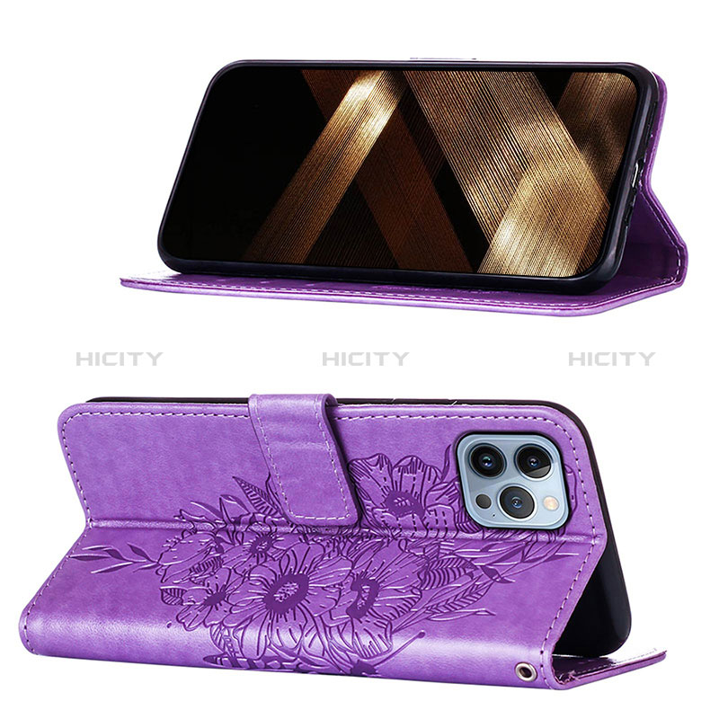 Coque Portefeuille Papillon Livre Cuir Etui Clapet L10 pour Apple iPhone 14 Pro Violet Clair Plus