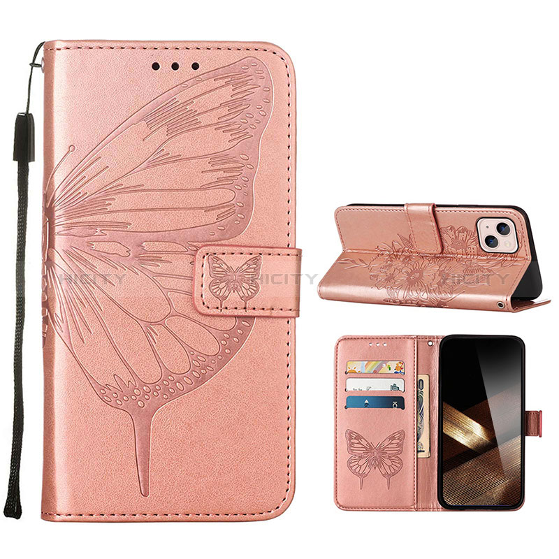 Coque Portefeuille Papillon Livre Cuir Etui Clapet L10 pour Apple iPhone 15 Or Rose Plus