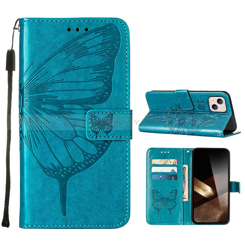 Coque Portefeuille Papillon Livre Cuir Etui Clapet L10 pour Apple iPhone 15 Plus Bleu Plus