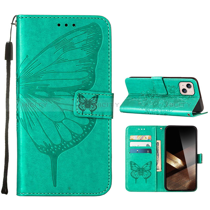 Coque Portefeuille Papillon Livre Cuir Etui Clapet L10 pour Apple iPhone 15 Plus Vert Plus