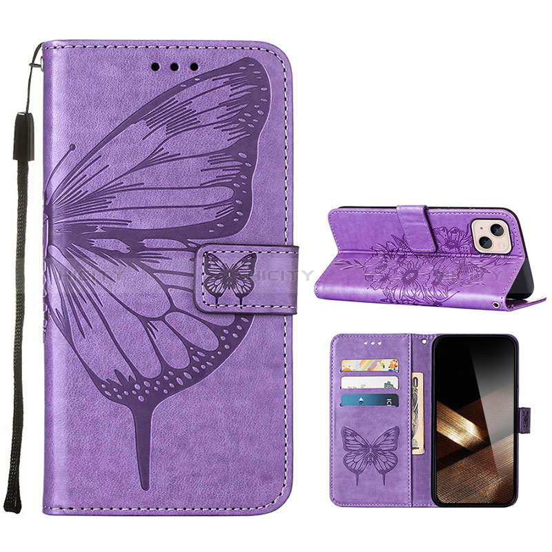 Coque Portefeuille Papillon Livre Cuir Etui Clapet L10 pour Apple iPhone 15 Plus Violet Clair Plus