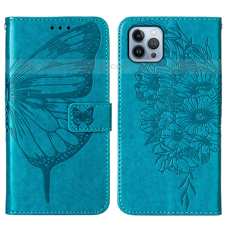 Coque Portefeuille Papillon Livre Cuir Etui Clapet L10 pour Apple iPhone 15 Pro Bleu Plus