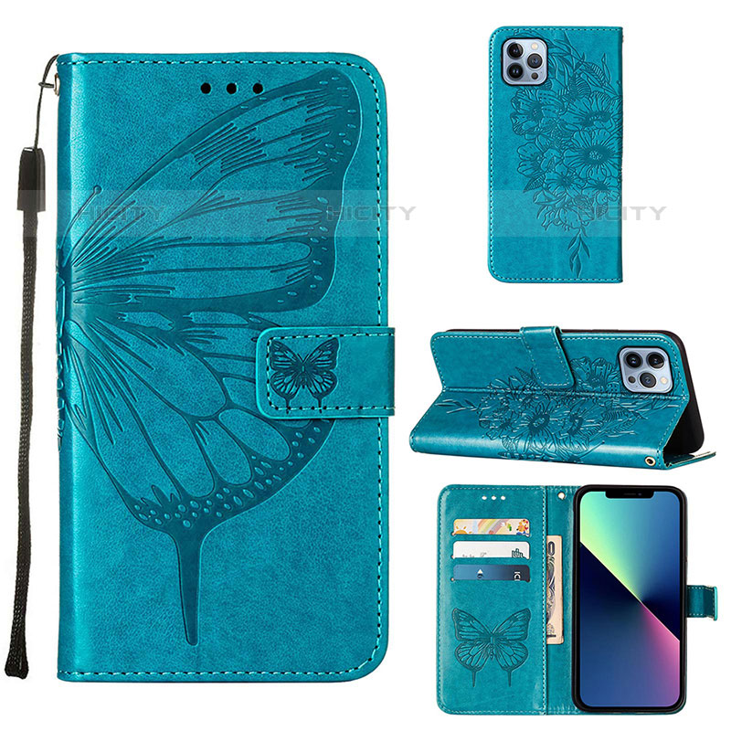 Coque Portefeuille Papillon Livre Cuir Etui Clapet L10 pour Apple iPhone 15 Pro Bleu Plus