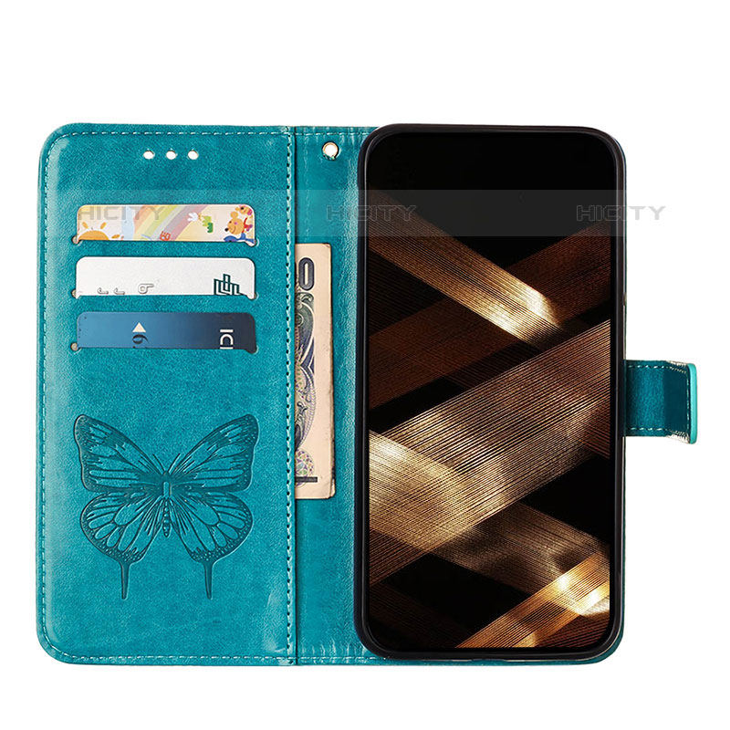 Coque Portefeuille Papillon Livre Cuir Etui Clapet L10 pour Apple iPhone 15 Pro Bleu Plus