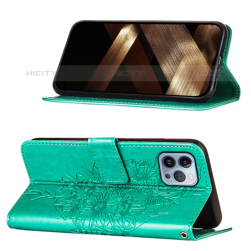 Coque Portefeuille Papillon Livre Cuir Etui Clapet L10 pour Apple iPhone 15 Pro Max Vert Plus