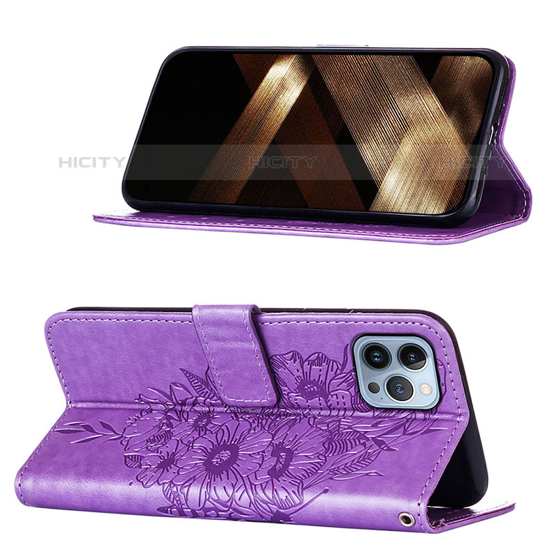 Coque Portefeuille Papillon Livre Cuir Etui Clapet L10 pour Apple iPhone 15 Pro Max Violet Clair Plus