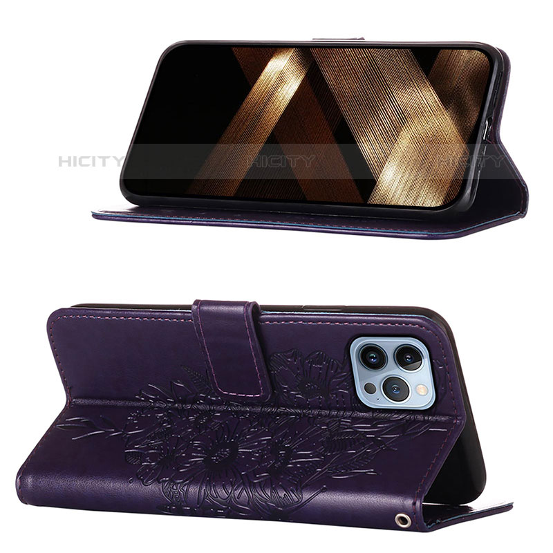 Coque Portefeuille Papillon Livre Cuir Etui Clapet L10 pour Apple iPhone 15 Pro Violet Plus