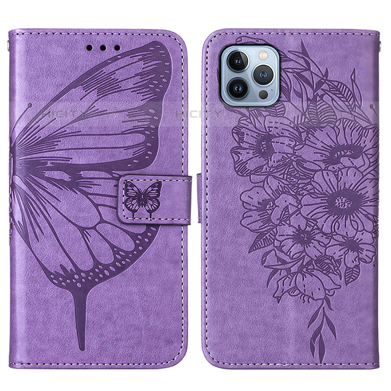 Coque Portefeuille Papillon Livre Cuir Etui Clapet L10 pour Apple iPhone 15 Pro Violet Clair Plus