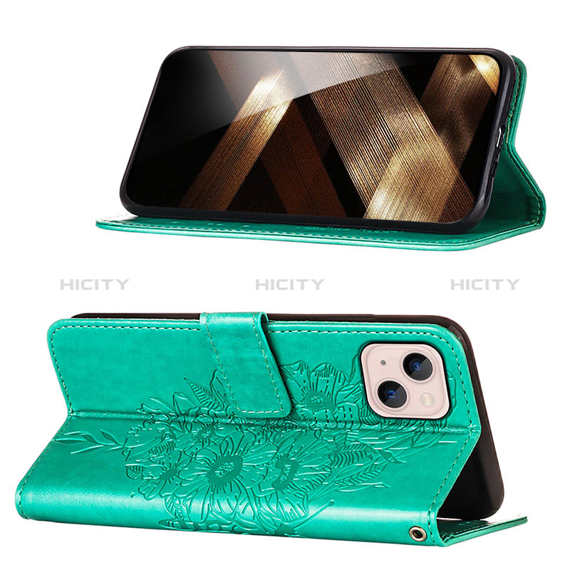 Coque Portefeuille Papillon Livre Cuir Etui Clapet L10 pour Apple iPhone 15 Vert Plus