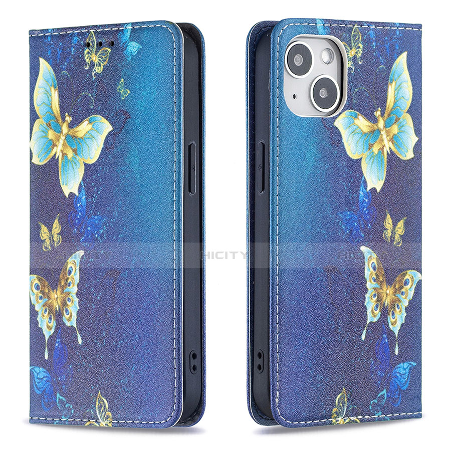 Coque Portefeuille Papillon Livre Cuir Etui Clapet pour Apple iPhone 13 Mini Bleu Plus