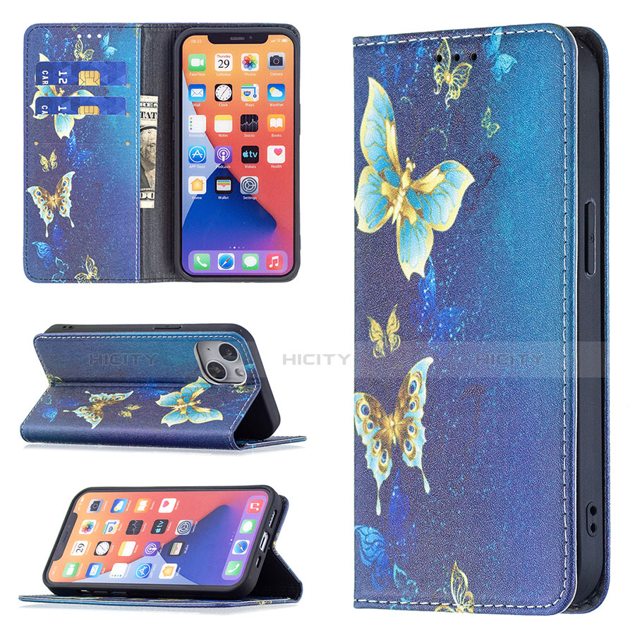 Coque Portefeuille Papillon Livre Cuir Etui Clapet pour Apple iPhone 13 Mini Bleu Plus