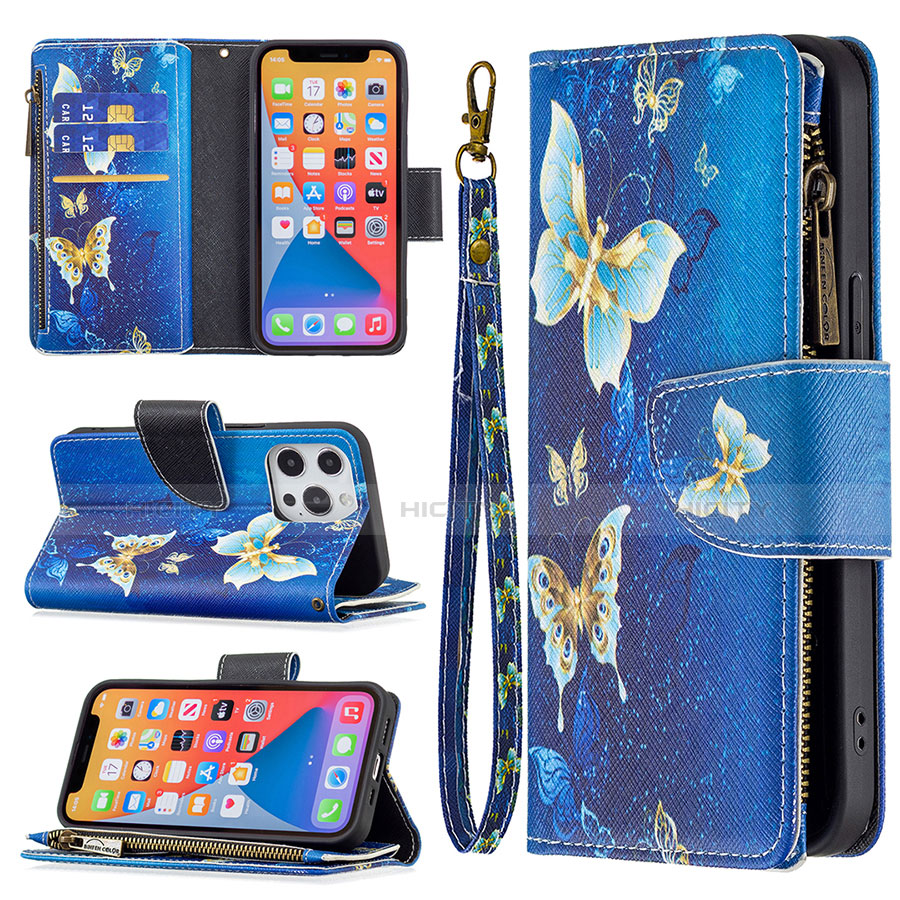 Coque Portefeuille Papillon Livre Cuir Etui Clapet pour Apple iPhone 13 Pro Bleu Plus