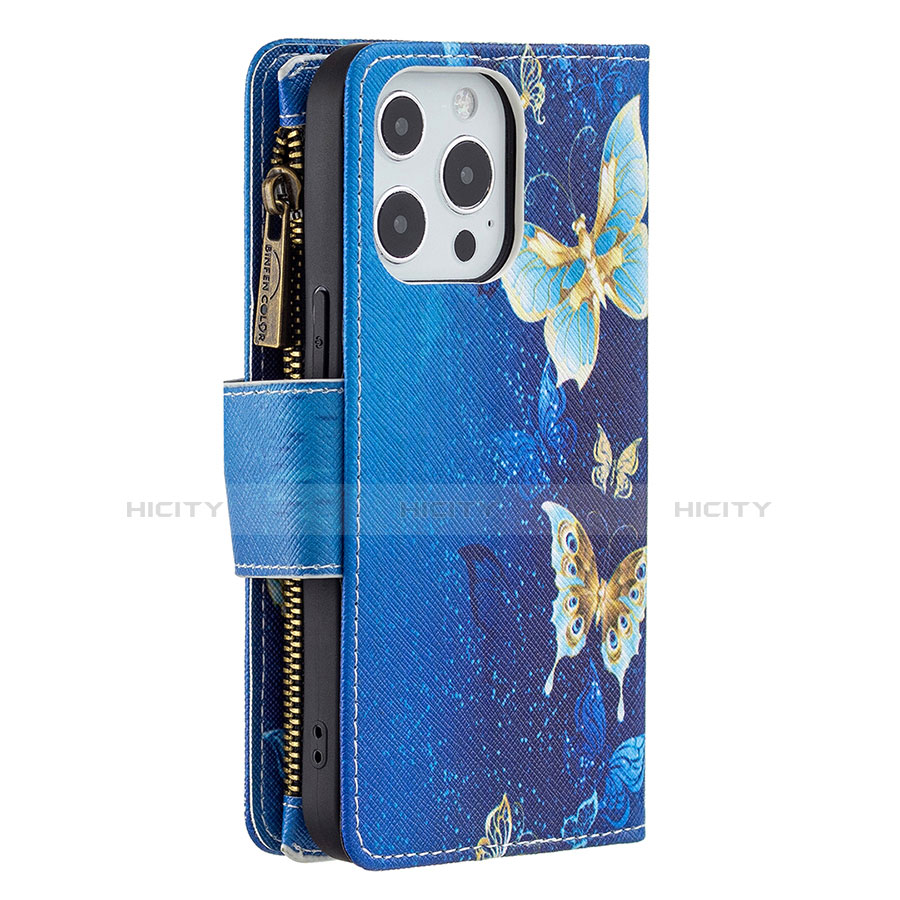 Coque Portefeuille Papillon Livre Cuir Etui Clapet pour Apple iPhone 13 Pro Bleu Plus