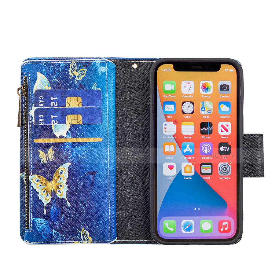 Coque Portefeuille Papillon Livre Cuir Etui Clapet pour Apple iPhone 13 Pro Bleu Plus